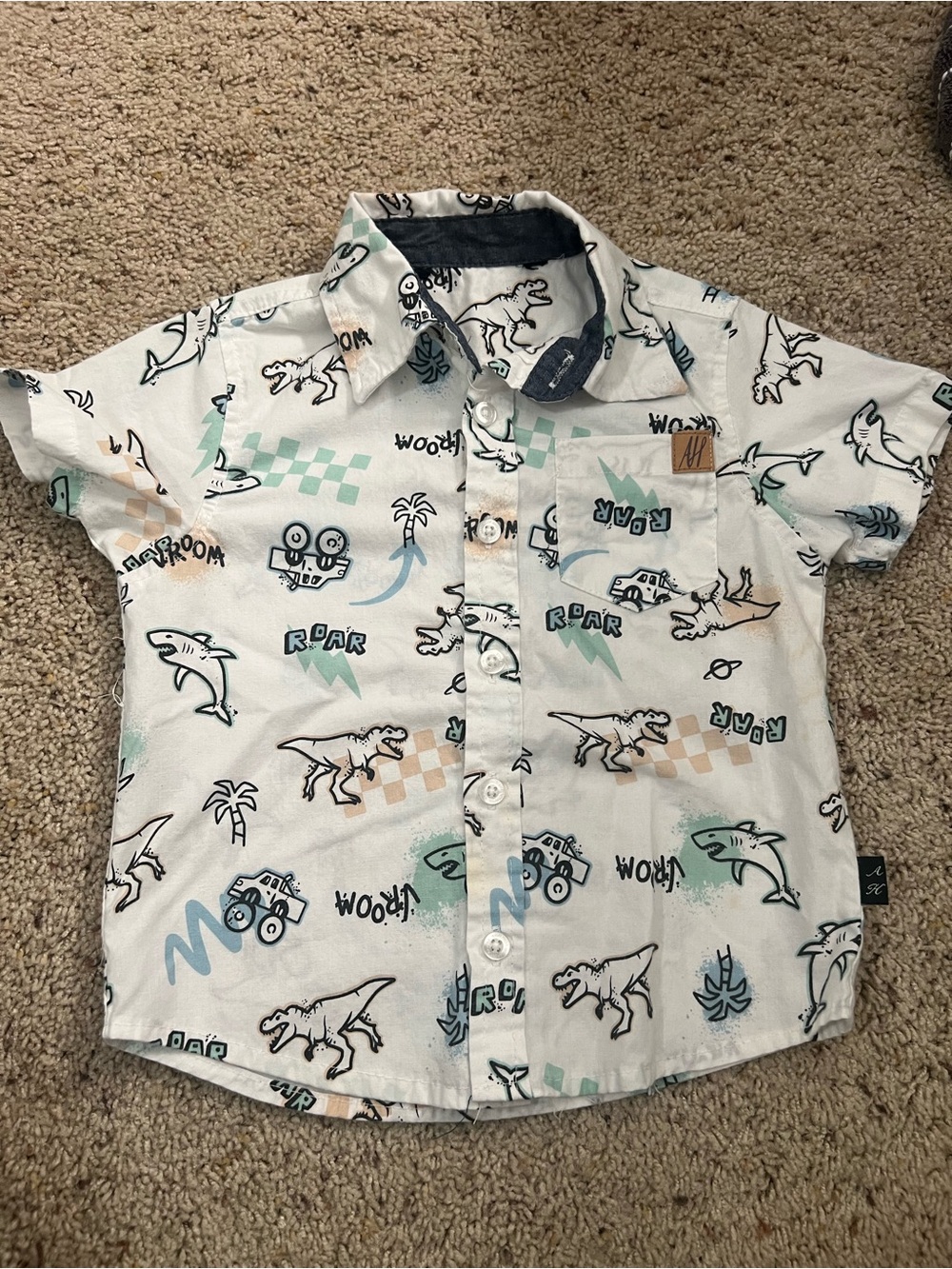 Boys White Dino Print Short Sleeve Button-Up Shirt